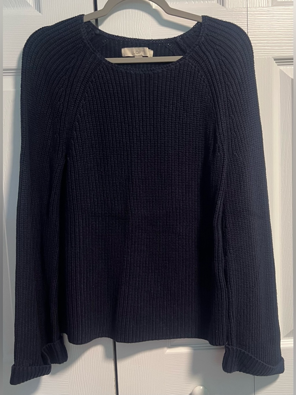 LOFT Ribbed-Knit Pullover Sweater in Navy Blue